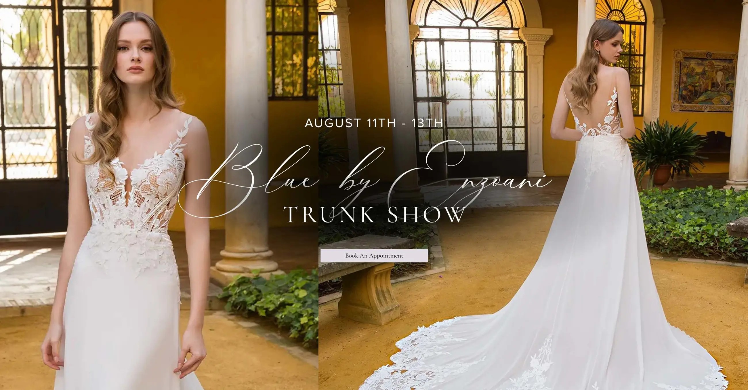 "Blue by Enzoani Trunk Show" banner for desktop