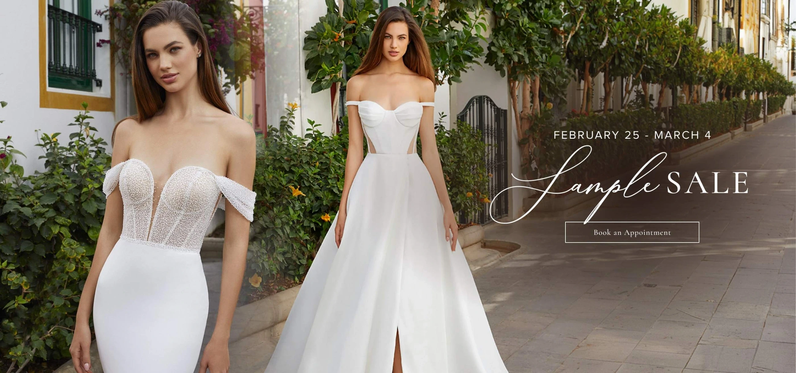 Models wearing Bridal dresses, Sample Sale desktop banner