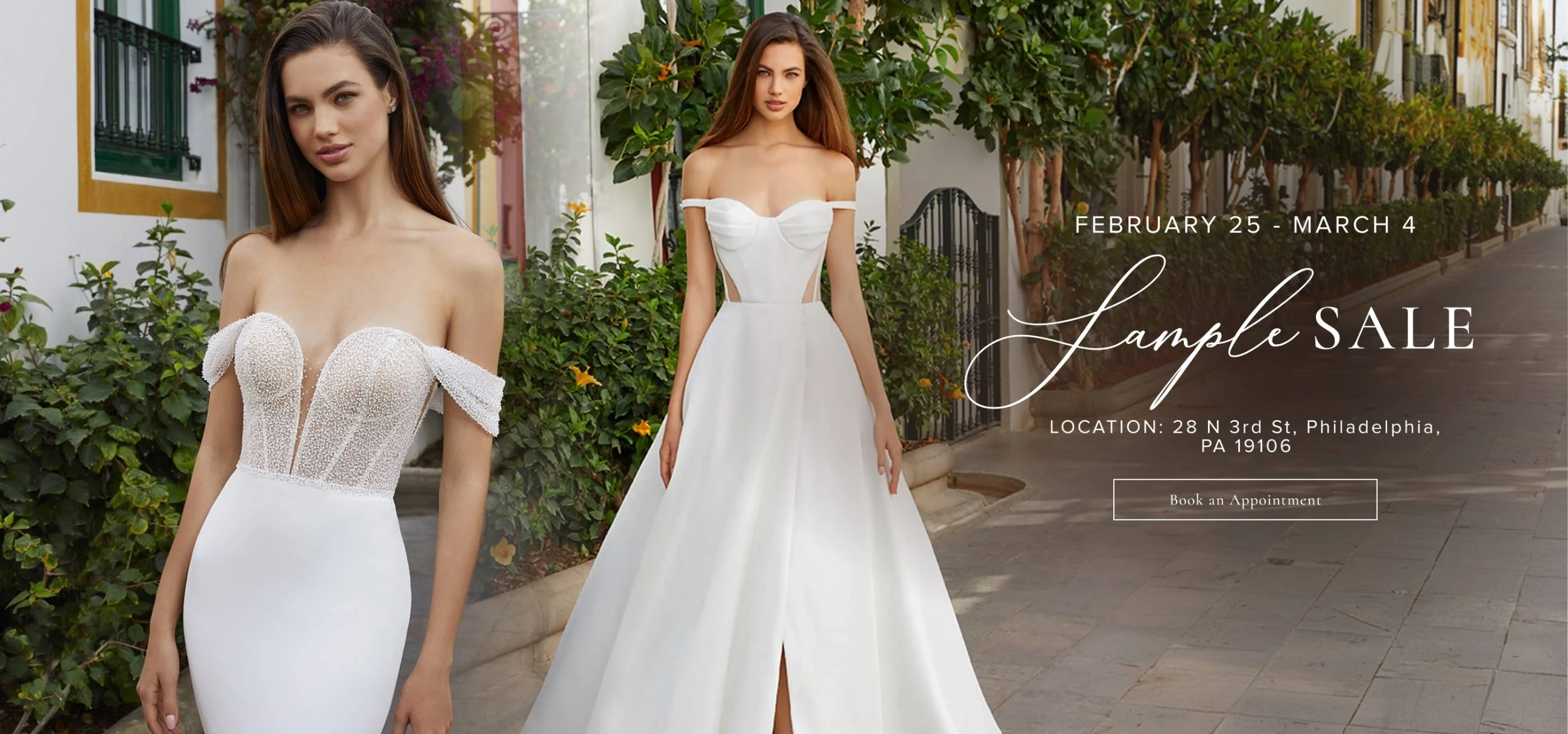 Models wearing Bridal dresses, Sample Sale desktop banner