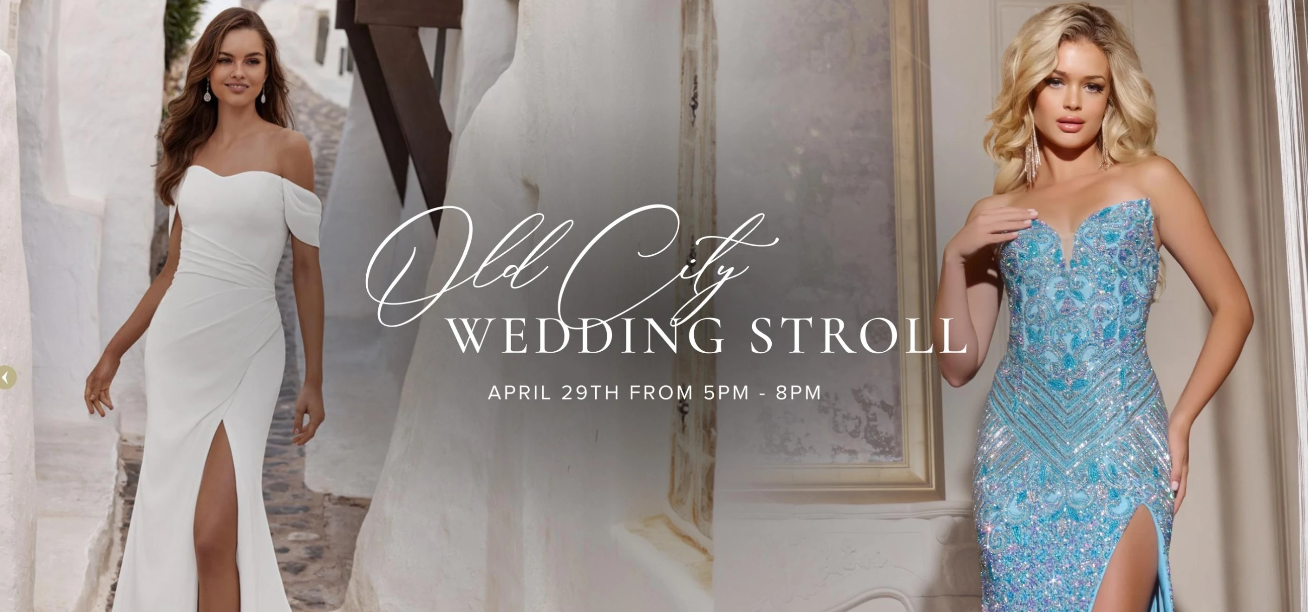 Models wearing bridal and couture dresses, desktop banner